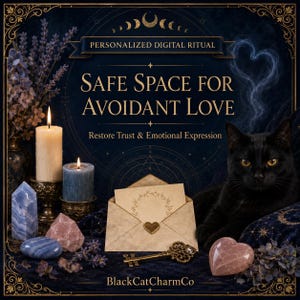 May include: A digital ritual graphic titled SAFE SPACE FOR AVOIDANT LOVE with text Restore Trust & Emotional Expression and BlackCatCharmCo. Features a black cat, an envelope with a heart seal, a key, candles, and crystals on a dark background.