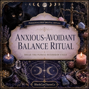 Può includere: Un grafico digitale con un gatto nero, una bilancia in ottone, cristalli e candele che circondano un cartello centrale con la scritta: PERSONALIZED DIGITAL RITUAL, ANXIOUS-AVOIDANT BALANCE RITUAL, BREAK THE PURSUE-WITHDRAW CYCLE e BlackCatCharmCo.