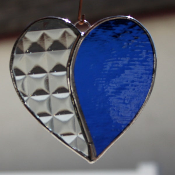 Stained Glass Heart Suncatcher Ornament  Blue/Textured Clear.