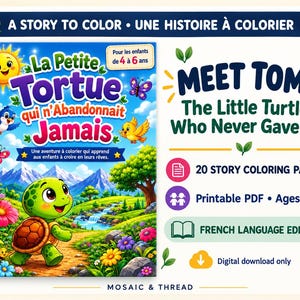 French Turtle Coloring Story Book for Kids, Printable A4 PDF, Perseverance Story, Ages 4–6