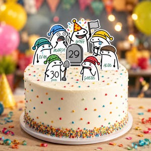 Stick Meme tårtdekoration, anpassningsbara cupcake-toppers, redigerbar Canva digital födelsedagsdekoration, rolig figur partyhatt tårtdekoration