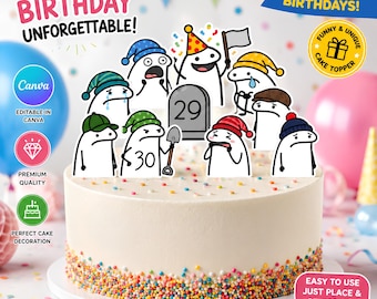 Adorno para pastel con meme de palitos, adornos personalizables para cupcakes, decoración digital editable de cumpleaños en Canva, decoración divertida para pastel con gorro de fiesta y figura