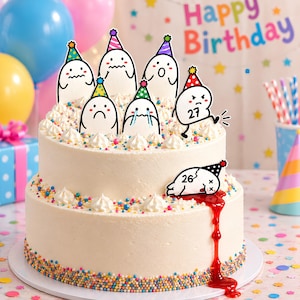 Puede incluir: Un pastel de dos niveles con glaseado blanco, decorado con chispas de colores y varios adornos de fantasmas de dibujos animados con gorros de fiesta. Un fantasma tiene el número 27, mientras que otro con el 26 yace plano con sirope rojo.