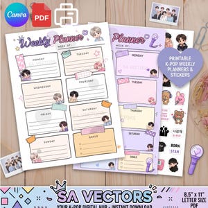 May include: Two printable weekly planner sheets with pastel-colored sections for each day of the week, featuring cartoon character illustrations, washi tape graphics, and a sticker sheet with K-pop themed icons and the text PRINTABLE K-POP WEEKLY PLANNERS & STICKERS.