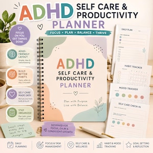 May include: A spiral-bound ADHD self-care and productivity planner with a pastel abstract cover. The cover features the text ADHD SELF CARE & PRODUCTIVITY PLANNER and Plan with Purpose. Live with Balance. Includes interior pages for daily planning, habit tracking, mood tracking, and self-care check-ins.