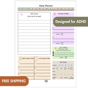 May include: A white daily planner page featuring sections for Brain Dump, The Big Three, 10 Minute Momentum Spark, and Bio-Check. The layout includes colour-coded boxes for tasks, energy levels, hydration, medication, mood, and sensory load tracking.