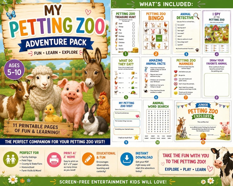 Petting Zoo Activity Pack for Kids Ages 5-10, Farm Animal Scavenger Hunt, Bingo & Games, Printable Field Trip Activities image 1