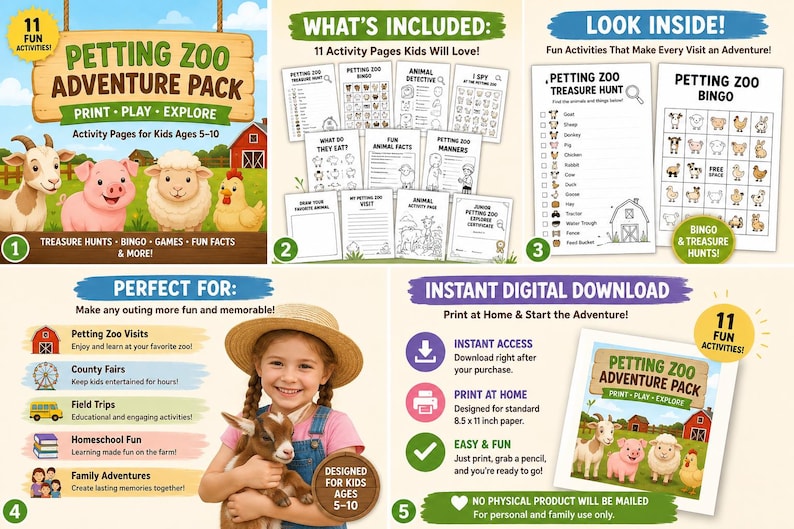 Petting Zoo Activity Pack for Kids Ages 5-10, Farm Animal Scavenger Hunt, Bingo & Games, Printable Field Trip Activities image 2