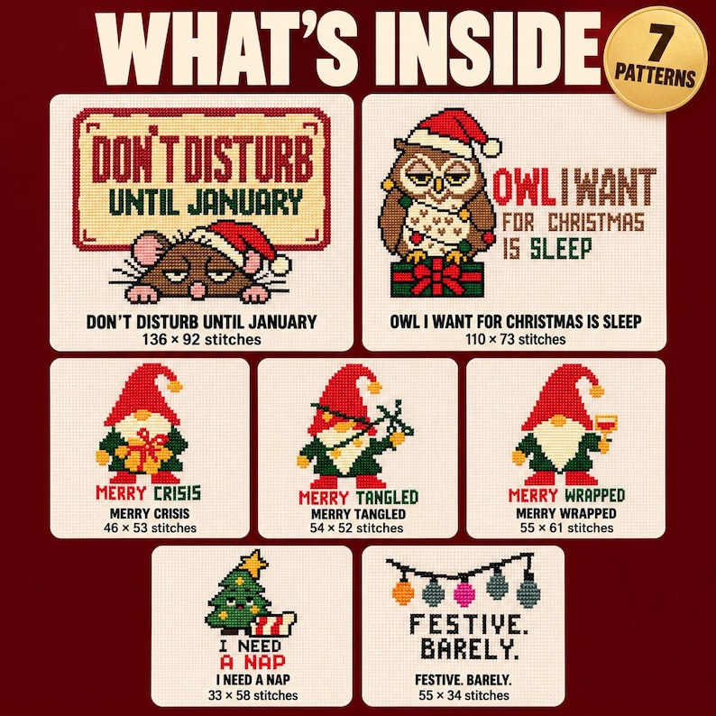 Cross String Support Snarky Christmas Cross Stitch Patterns Bundle, Gnomes, Owl, Rat ...