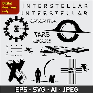 Könnte beinhalten: Eine digitale Sammlung schwarzer grafischer Symbole und Texte auf hellgrauem Hintergrund. Die Elemente umfassen eine Raumstation, ein schwarzes Loch, ein Raumschiff, Astronauten sowie den Text INTERSTELLAR, GARGANTUA, TARS, HUMOR:75% und STAY.