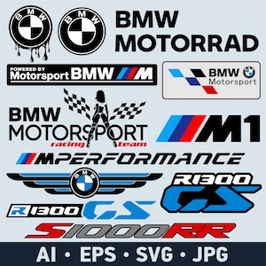 May include: A collection of black, white, blue, and red BMW Motorrad decals featuring various logos, text including BMW Motorsport, M1, M Performance, R1300 GS, and S1000RR, along with a silhouette figure and checkered flags on a light background.