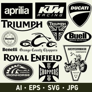 Puede incluir: Una colección de logotipos y gráficos de marcas de motocicletas en blanco y negro que incluye Aprilia, KTM Racing, Ducati, Triumph, Benelli, Buell, Orange County Choppers, Royal Enfield, American Ironhorse, West Coast Choppers y Motorbike Corporate.