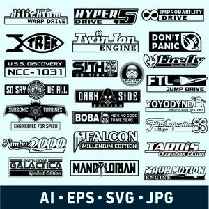 May include: A collection of black and white graphic decals featuring various science fiction and pop culture logos, including text such as Dilithium Warp Drive, Hyper 5 Drive, Improbability Drive, X-Trek, Twin Ion Engine, Don't Panic, and others.