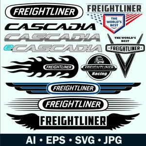 Peut inclure: Une collection d'autocollants et de logos de la marque Freightliner en noir, blanc, bleu et rouge. Les motifs incluent le nom Freightliner, le texte Cascadia et eCascadia, des flammes, des emblèmes ailés et un bouclier avec le texte The World's Best.