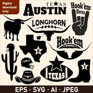 Peut inclure: Une collection de graphiques vectoriels noirs présentant des icônes sur le thème du Texas, notamment un longhorn, un cactus, un chapeau de cowboy, un ballon de football, une botte, un casque et l'État du Texas avec une étoile. Texte : Austin, Longhorn, Hook'em Horns, Texas.