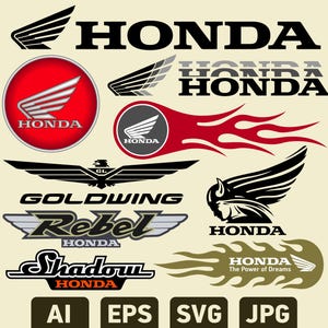 Może przedstawiać: Kolekcja logo i emblematów motocykli Honda, w tym symbol skrzydła, orzeł Goldwing oraz napisy Rebel i Shadow. Grafika przedstawia różne czarne, czerwone i złote ikony z tekstem Honda oraz The Power of Dreams.