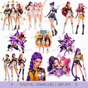 May include: A digital collection of K-Pop Demon Hunters character illustrations featuring various figures in colorful outfits, some with swords and star motifs. The text K-POP DEMON HUNTERS and DIGITAL DOWNLOAD 300 DPI is visible on the graphic sheet.