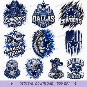 May include: A collection of nine digital graphic designs featuring Dallas Cowboys themes, including a cowboy, stadium, lion, skull, football player, and American flag motifs in blue, silver, and white with the text Cowboys Nation and Dallas Cowboys.