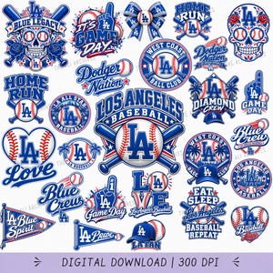 Op de afbeelding: Een verzameling grafische ontwerpen met een Los Angeles honkbalthema, voorzien van het LA-logo, honkballen, knuppels, schedels, harten, wimpels en teksten zoals Blue Legacy, Game Day, Home Run, Dodger Nation, Diamond Crew, Blue Crew en Eat Sleep Baseball Repeat.