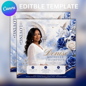 Puede incluir: Una plantilla editable de programa funerario con el retrato de una mujer de blanco, rosas azules y blancas, lirios y una paloma. El texto incluye IN LOVING MEMORY, Denise Michelle Thompson, 4 de mayo de 1976 - 22 de abril de 2025 y detalles.