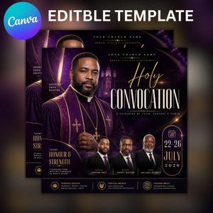 May include: A digital flyer template for a church conference titled Holy Convocation. It features a central figure in purple clerical attire with a gold cross necklace, three smaller portraits of men in suits, and text detailing the event dates July 22-26, 2026.
