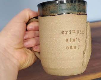 Custom Rock Climbing Mug - Handmade climbing gift with crimp grip handle, personalized text