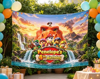 Personalized Birthday Backdrop Custom Name Rescue Pups Dino Party Tapestry Banner