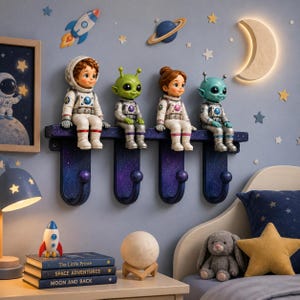 May include: A wall-mounted coat rack featuring a dark blue galaxy-patterned shelf with four hooks. Four figures sit on the shelf: a human child in a white astronaut suit, a green alien in a silver suit, a human child in a white suit, and a blue alien in a silver suit.