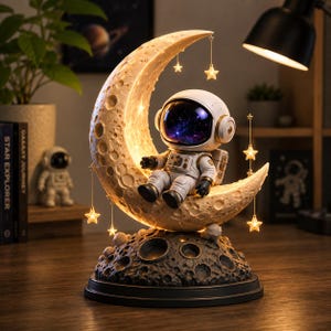 May include: A decorative lamp featuring a white astronaut figurine sitting on a textured, crescent-shaped moon. The moon is illuminated from within and adorned with small, hanging star-shaped lights. The base is a dark, cratered lunar surface.