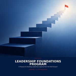 May include: A blue staircase ascends toward a bright light with a red flag at the top. Text reads: LEADERSHIP FOUNDATIONS PROGRAM, A Proposal for Building Leadership Capacity from the Field Forward, and SIRENS & STANDARDS.