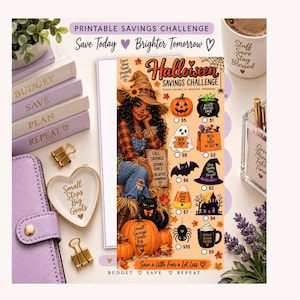 May include: A printable Halloween savings challenge tracker featuring a scarecrow illustration, pumpkins, a black cat, and various spooky icons with dollar amounts. The text includes Halloween Savings Challenge, Fall Savings, and Save a Little Fear a Lot Less.