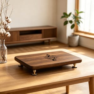 Puede incluir: Un soporte de exhibición rectangular de madera marrón oscura con esquinas redondeadas, apoyado sobre cuatro pequeñas patas de metal dorado. La superficie superior presenta una clave de sol grabada con láser en negro y adornos florales.