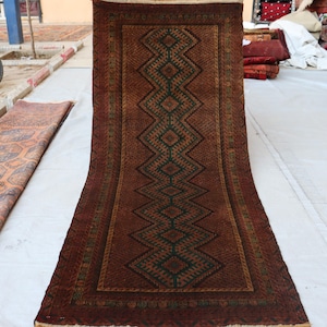 Terracotta Vintage Afghan Runner Rug, 3x7 ft Hand Knotted Wool Rug, Vintage Tribal Rug, Vintage Runner Rug, Geometric Runner Rug Hallway Rug