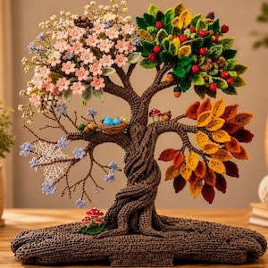 Schema per uncinetto "Albero della Vita delle Quattro Stagioni", decorazione murale 3D, progetto fai-da-te ispirato alla natura (PDF)