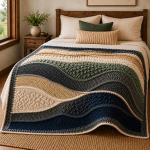 May include: A rectangular crochet blanket featuring wavy, horizontal bands of color in cream, tan, sage green, dark gray, and navy blue. The design incorporates various textured stitch patterns, including bobble stitches and solid rows, creating a layered effect.