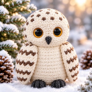 May include: A crocheted owl plush toy featuring a cream-colored body with brown speckled patterns on the head and wings. The owl has large, round, glossy amber-colored eyes and a small, dark gray beak, with dark gray feet at the base.