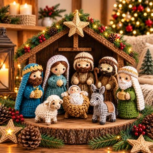 Puede incluir: Un conjunto de belén de ganchillo con figuras de María, José, los tres reyes magos, un bebé en un pesebre y un burro, dispuestos bajo un techo de establo de madera decorado con ramas de pino, bayas rojas y una gran estrella de ganchillo.