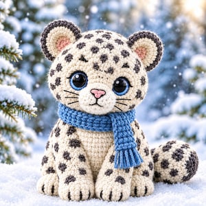 May include: A crocheted stuffed animal resembling a snow leopard with cream-coloured yarn, dark grey spots, large blue eyes, and a pink nose. The leopard wears a bright blue knitted scarf with fringe detail around its neck and sits upright.