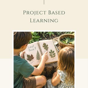May include: A spiral-bound Leaf Book with handwritten labels and pressed leaves including maple, fern, oak, and ash. The text GARDENING, PROJECT BASED LEARNING, and @SMALLMEANINGFULLIFE are printed on the page. A woven basket sits nearby.
