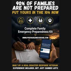 Könnte beinhalten: Ein digitales und physisches Notfallvorsorge-Set für Familien mit einer Checkliste für Kommunikationspläne und Erste Hilfe. Die Grafik enthält den Text 90% OF FAMILIES ARE NOT PREPARED, PUT YOURS IN THE 10% NOW und WWW.PREPAREDNESSEDGE.COM.