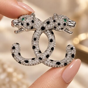 Silver Double C Panther Brooch, Pave Zircon Leopard Pin with Emerald , Luxury Animal Jewelry, Elegant Coat Accessory Gift