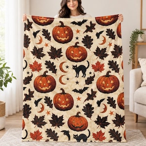 Manta tejida vintage de Halloween, patchwork de fantasma, búho, gato negro, calabaza, cuervo, polilla y bruja, manta, regalo de otoño gótico y rústico con toques mágicos prácticos