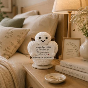 May include: A white crocheted plush figure with small brown wings and black eyes holding a rectangular sign that reads: I wouldn't have COTTON this far without you. Two years down, forever to go. HAPPY COTTON ANNIVERSARY. The figure sits on a round base.