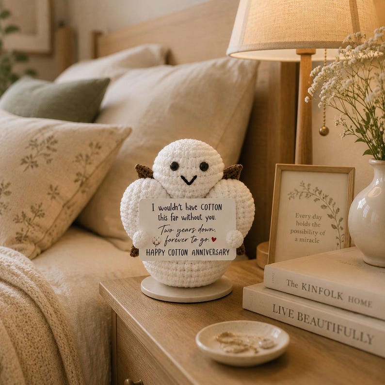 May include: A white crocheted plush figure with small brown wings and black eyes holding a rectangular sign that reads: I wouldn't have COTTON this far without you. Two years down, forever to go. HAPPY COTTON ANNIVERSARY. The figure sits on a round base.