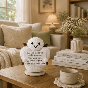 May include: A white crocheted cotton boll figurine with black eyes and brown stem details, holding a white rectangular sign that reads: I wouldn't have COTTON this far without you. Two years down. forever to go. HAPPY COTTON ANNIVERSARY.