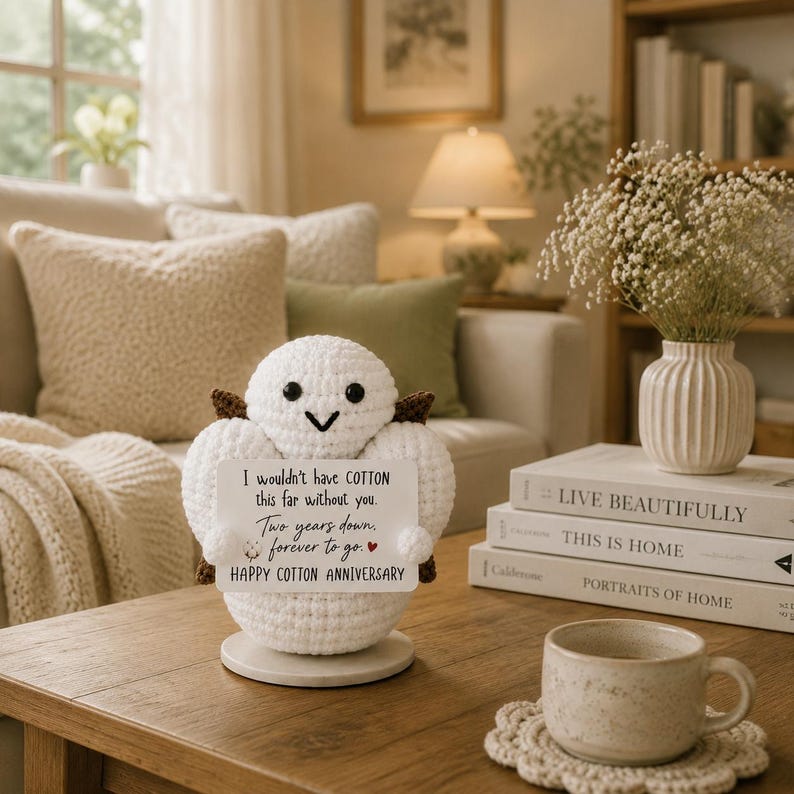 May include: A white crocheted cotton boll figurine with black eyes and brown stem details, holding a white rectangular sign that reads: I wouldn't have COTTON this far without you. Two years down. forever to go. HAPPY COTTON ANNIVERSARY.