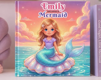 May include: A square hardcover children's book titled Emily becomes a Mermaid, featuring an illustration of a young mermaid with long blonde hair sitting on a large seashell in the ocean against a sunset sky with pink and orange clouds.