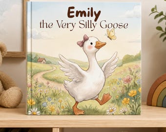 May include: A square children's book titled Emily the Very Silly Goose, featuring an illustration of a white goose with a pink bow on its head, walking through a field of colorful flowers with a yellow butterfly flying nearby.