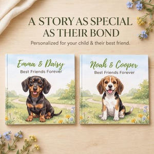 May include: Two square books with watercolor illustrations of dogs on the covers. One cover features a black and tan dachshund with the text Emma & Daisy Best Friends Forever. The other shows a beagle with the text Noah & Cooper Best Friends Forever.