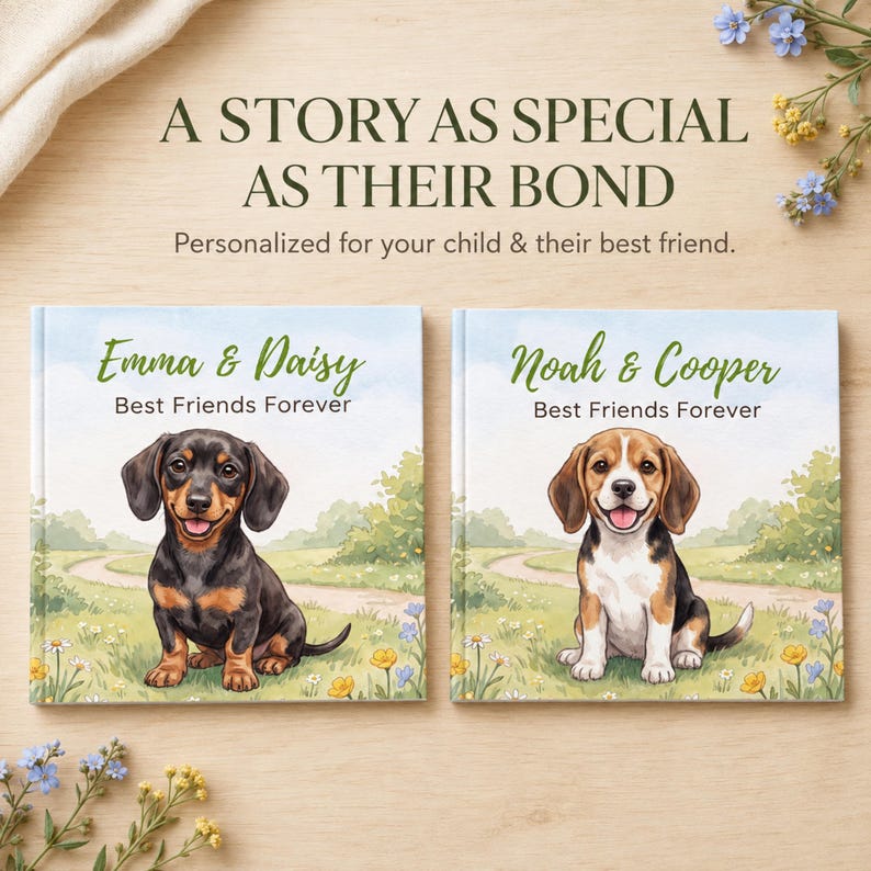 May include: Two square books with watercolor illustrations of dogs on the covers. One cover features a black and tan dachshund with the text Emma & Daisy Best Friends Forever. The other shows a beagle with the text Noah & Cooper Best Friends Forever.